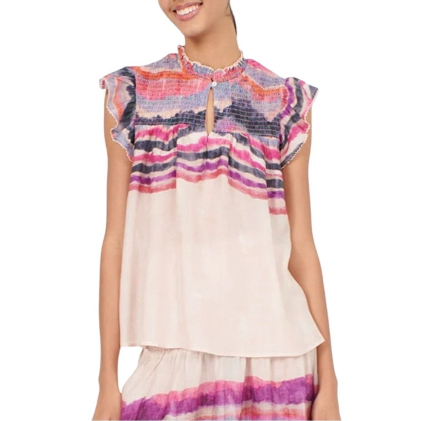 Nwt Chufy Juni Cap Sleeve Stripe Tie Dye Smocked Top Small In Kaia Ivory